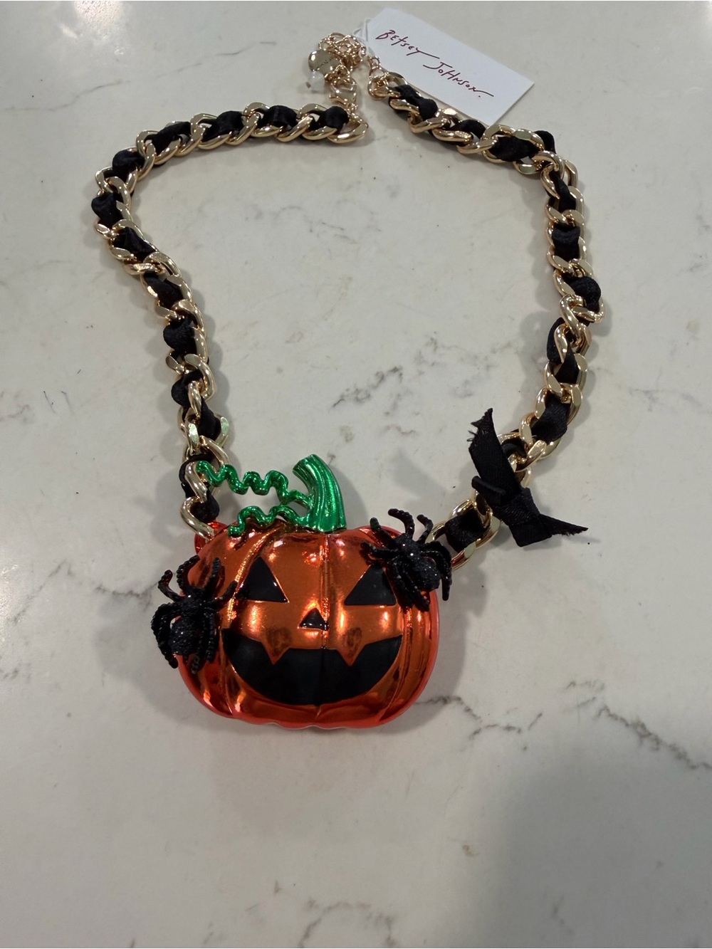 Betsey Johnson Orange Pumpkin Pendant Necklace with Black Ribbon and Green Stem